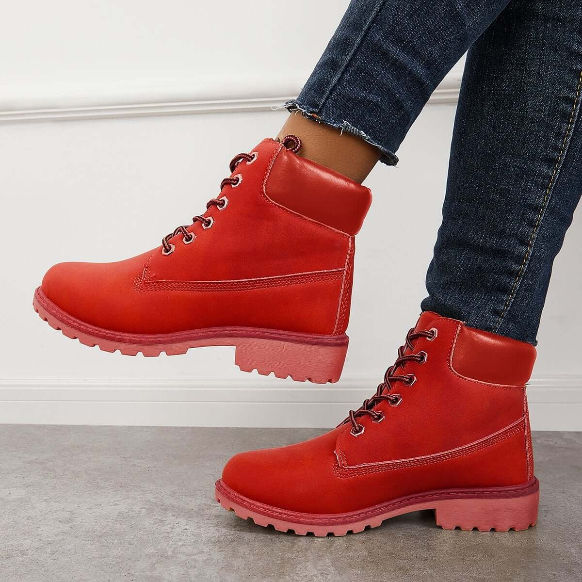 Classic Lace Up Ankle Work Boots Block Heel Hiking Booties