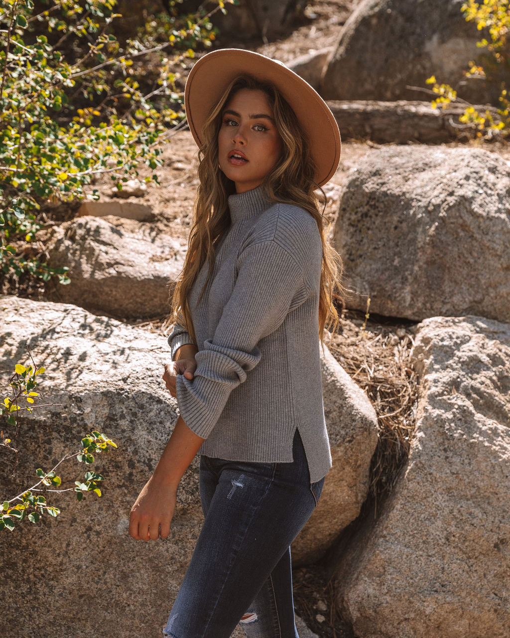 Branford Ribbed Mock Neck Knit Sweater - Heather Grey