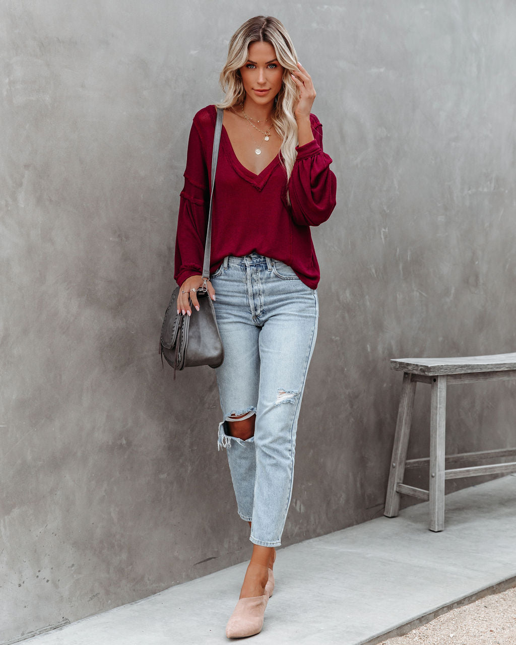 Capitol Reef V-Neck Knit Pocket Top - Maroon