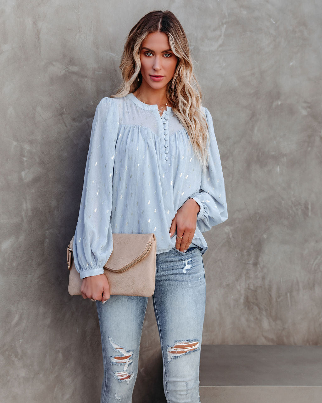 Embree Shimmer Babydoll Blouse - Powder Blue