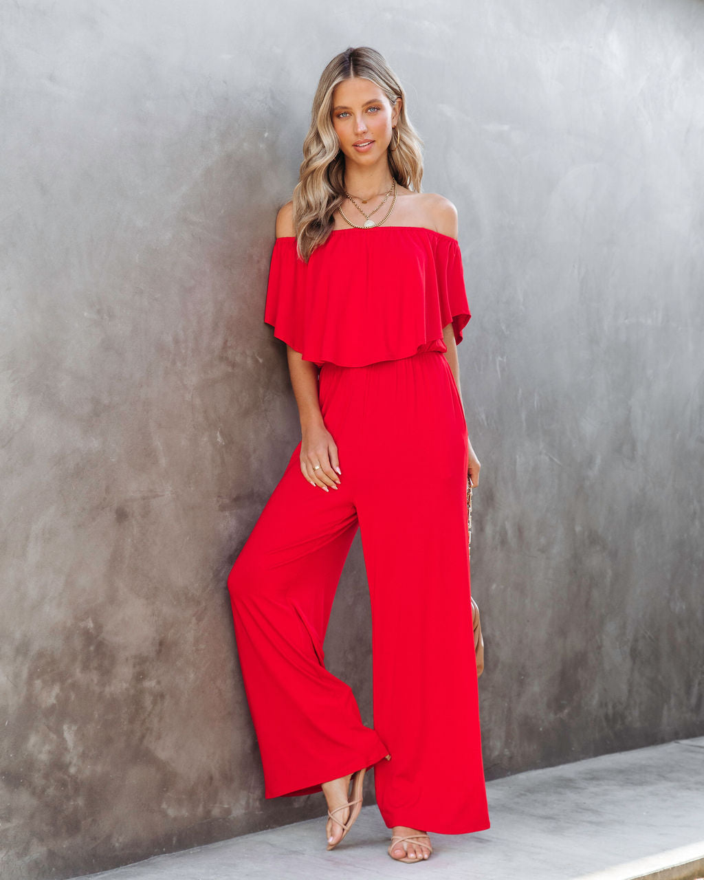 Antonella Off The Shoulder Pocketed Jumpsuit - Red
