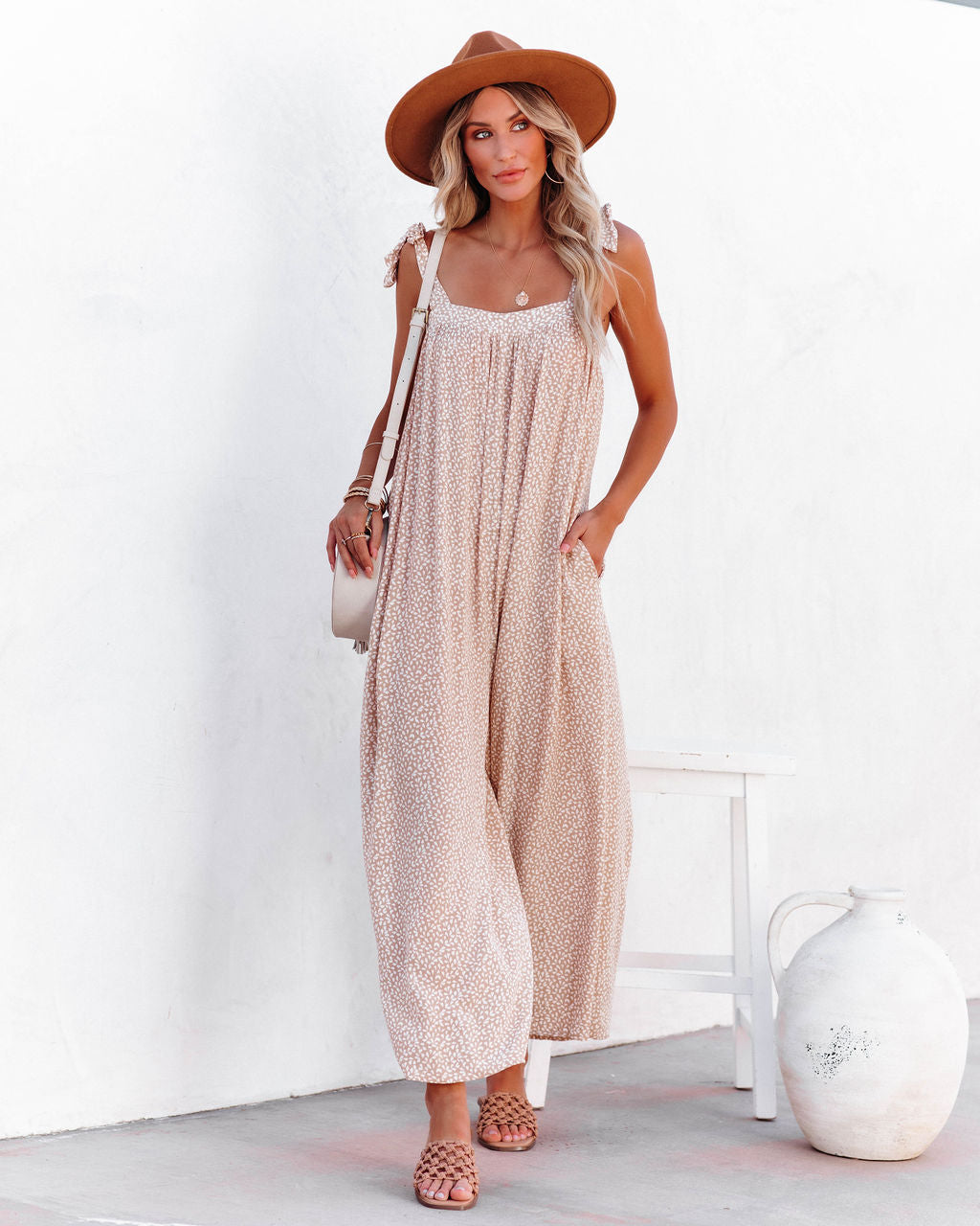 Elisia Pocketed Printed Tie Jumpsuit - Tan