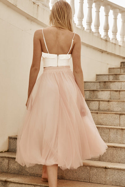 Jasmine Organza Mesh Elasticated Waist Midi Skirt Baby Pink