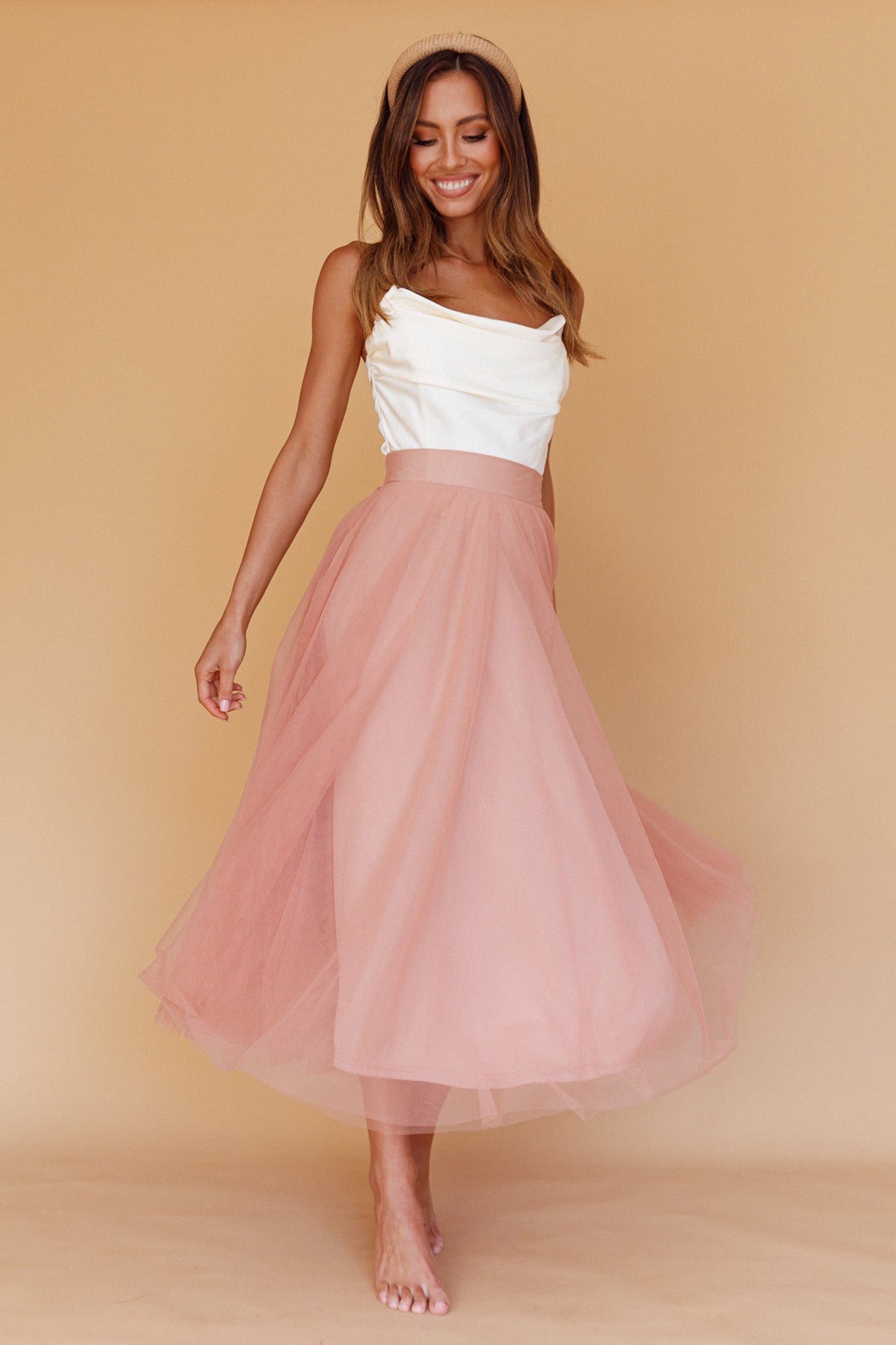 Jasmine Organza Mesh Elasticated Waist Midi Skirt Lipstick