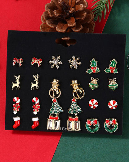 12Pairs Christmas Snowflake Elk Shaped Stud Earrings Set