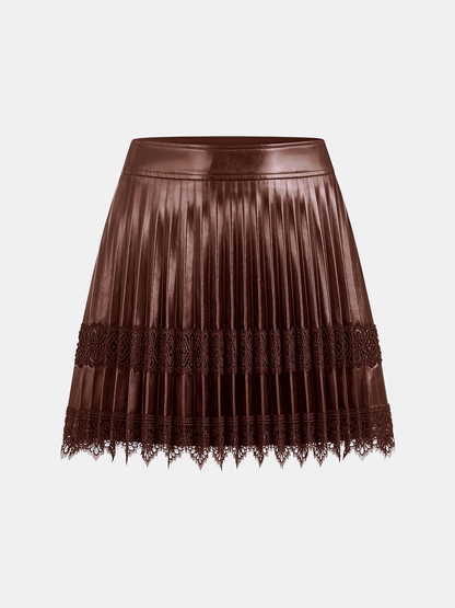 Faux Leather Pleated Lace Mini Skirt