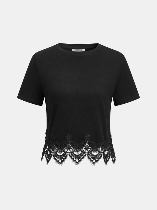 Lace Trim Short-Sleeve Crop Top