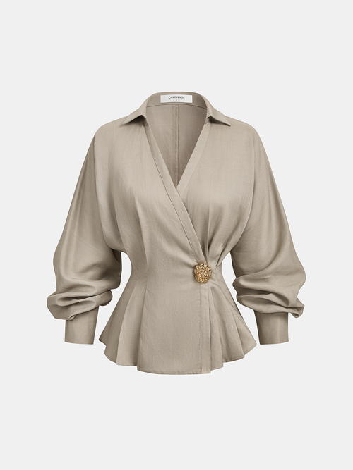 Linen Blend Balloon Sleeve Wrap Blouse