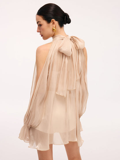 3D Rose Halter Neck Bell Sleeve Sheer Blouse