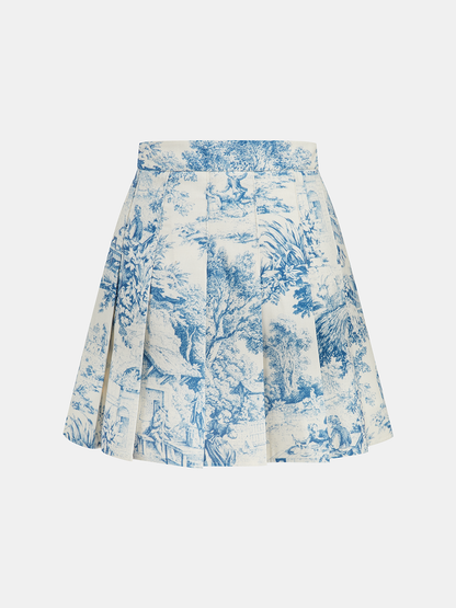 Toile Print Vest & Pleated Skirt Set