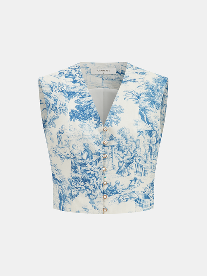 Toile Print Vest & Pleated Skirt Set