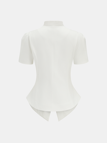 Short Sleeve Stand Collar Buttoned Slim Blouse
