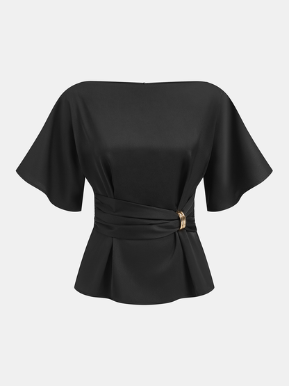 Metal Buckle Boat Neck Cinched Waist Blouse