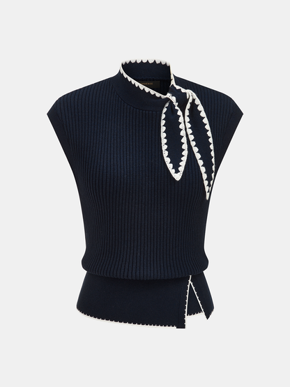 Scallop Trim Tie Neck Sleeveless Knit Top