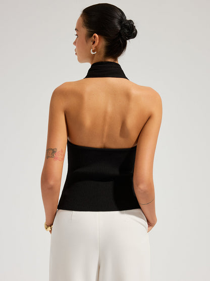 Halter Neck Metal Buckle Knit Top