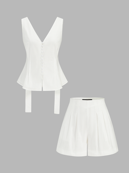 Cotton Linen Peplum Top & Pleated Shorts Set