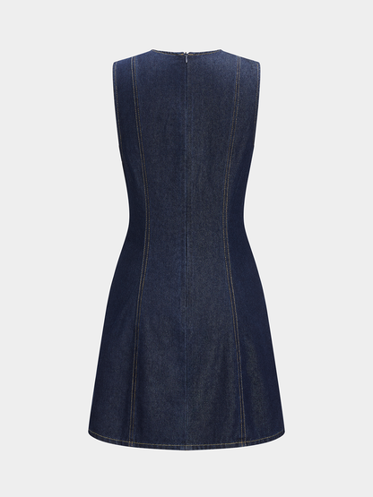 Scallop Button Front Sleeveless Denim Mini Dress