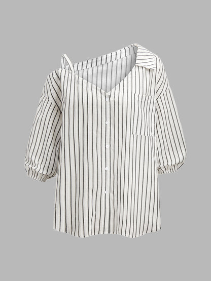 Striped Cotton Cold Shoulder Half Sleeve Blouse