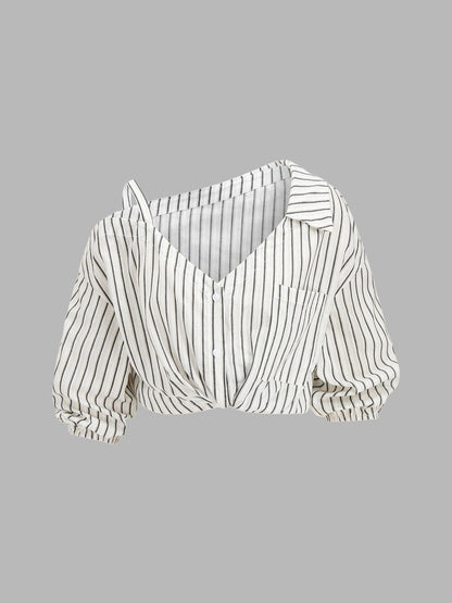 Striped Cotton Cold Shoulder Half Sleeve Blouse