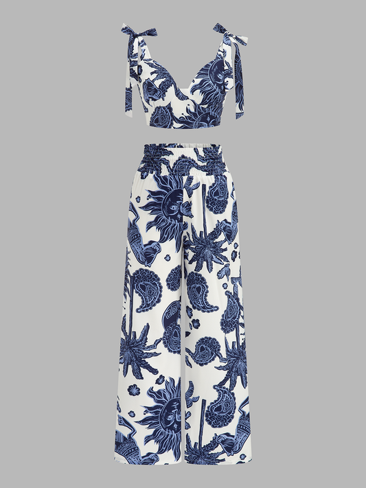 Printed Tie-Shoulder Top & Elastic Waist Pants Set