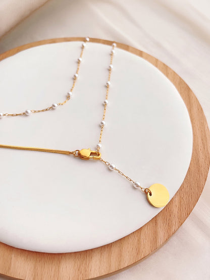 Double Layered Pearl Disc Pendant Necklace