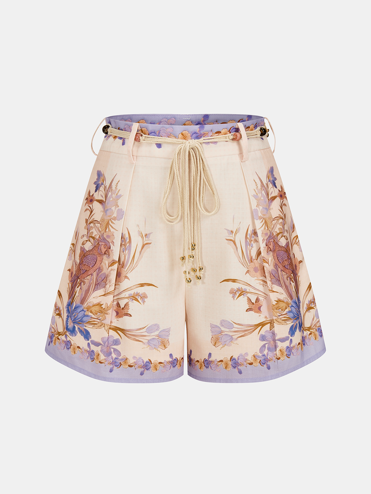 Floral Bird Print Belted Casual Shorts