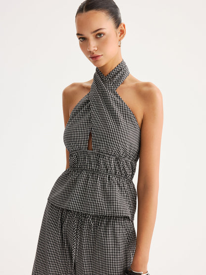 Halter Gingham Peplum Top & Pants Set