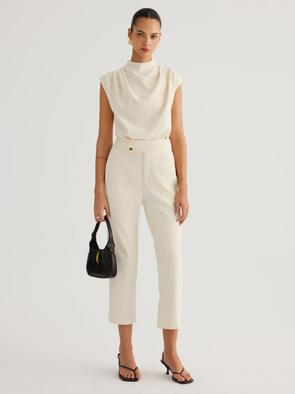 Metal Button Straight-Leg Cropped Pants