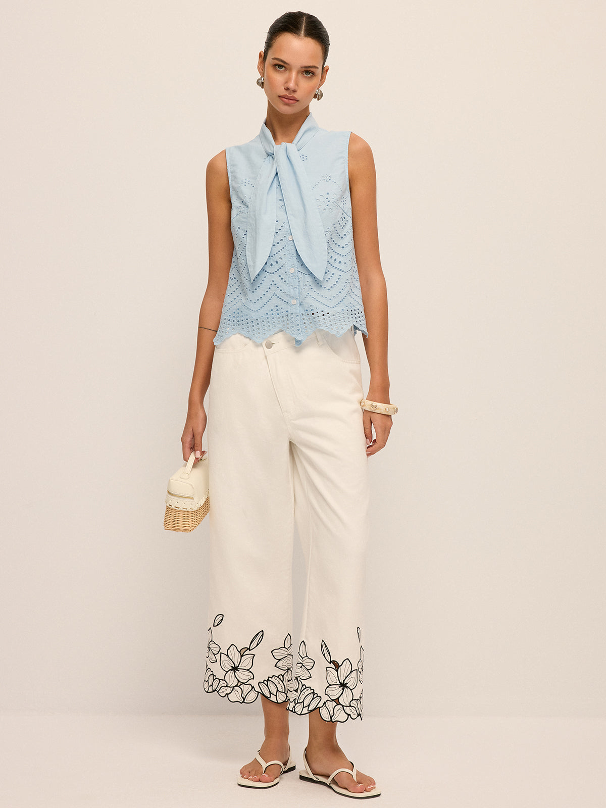 Tie-Neck Eyelet Embroidery Sleeveless Blouse