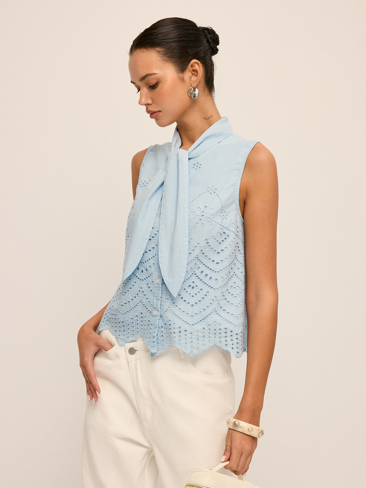 Tie-Neck Eyelet Embroidery Sleeveless Blouse