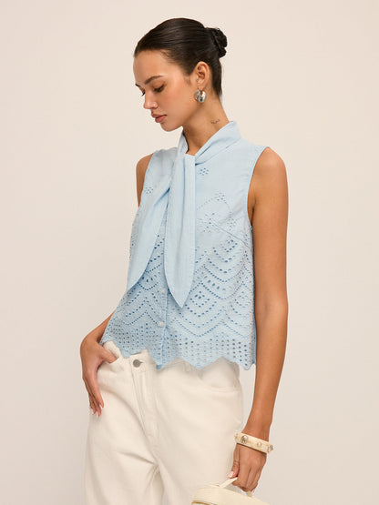 Tie-Neck Eyelet Embroidery Sleeveless Blouse