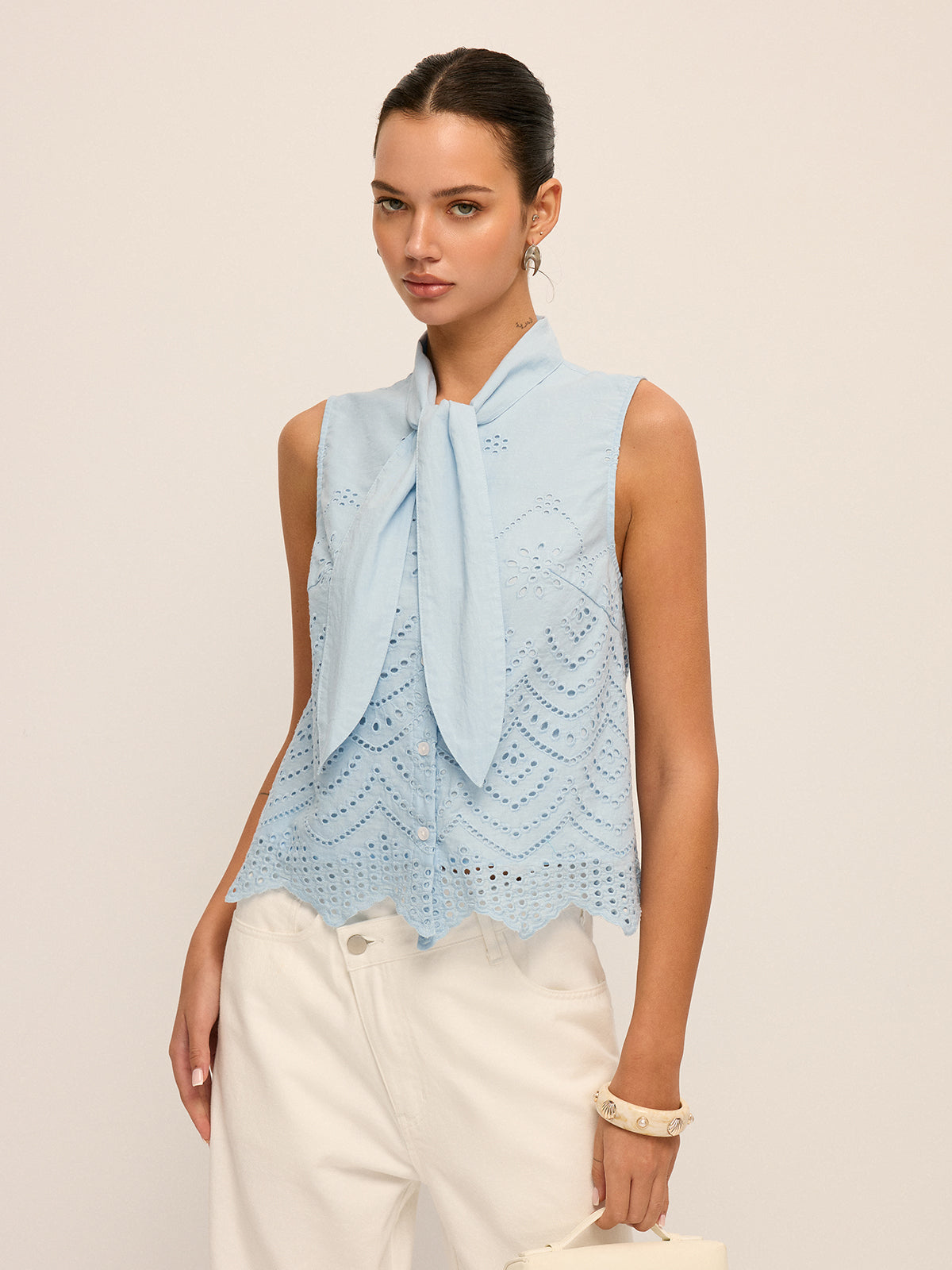 Tie-Neck Eyelet Embroidery Sleeveless Blouse