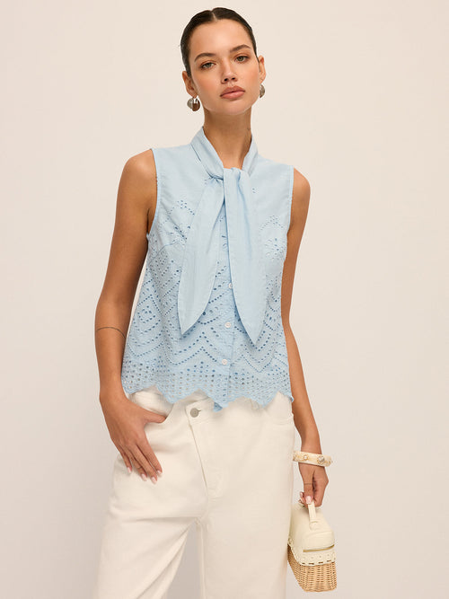 Tie-Neck Eyelet Embroidery Sleeveless Blouse