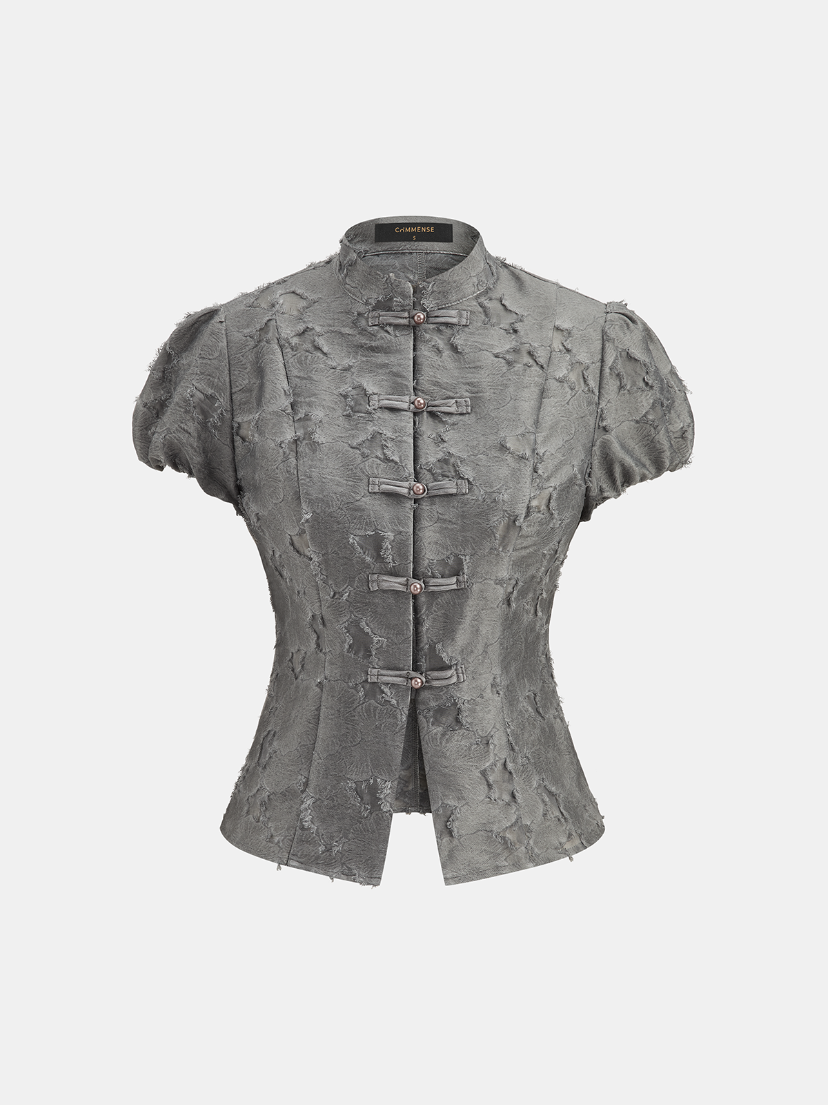 Frog Button Mandarin Collar Textured Blouse