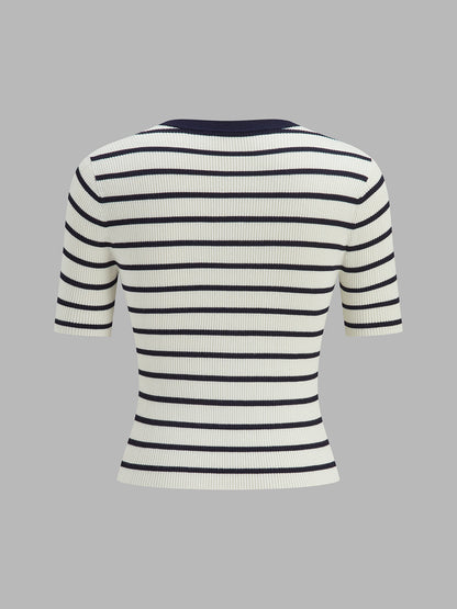 Striped Metal Button Short Sleeve Ribbed Knit Top