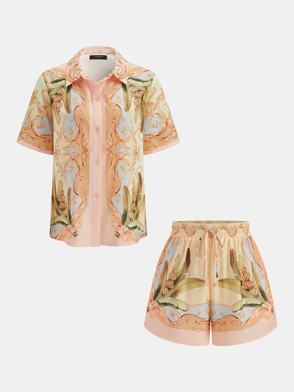 Leaf Print Linen Blend Shirt & Drawstring Shorts Set