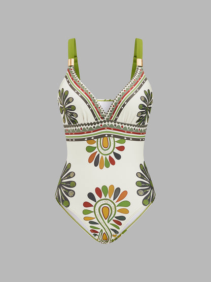 Paisley Print One Piece Swimsuit & Sarong Set