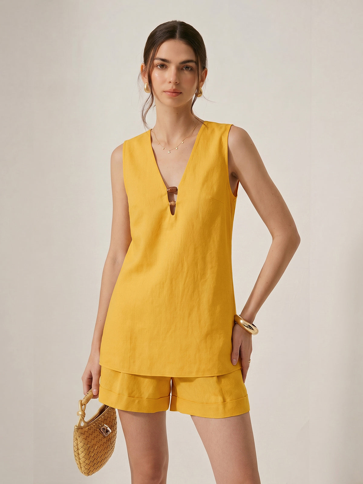 Beaded Linen Blend Top & Shorts Set