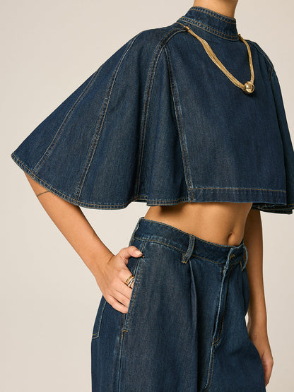 Cape Sleeve Back Zipper Cropped Denim Top