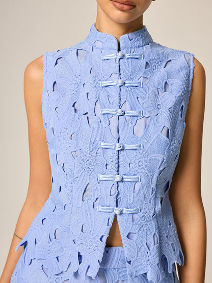 Frog Button Guipure Lace Vest & Pants Set
