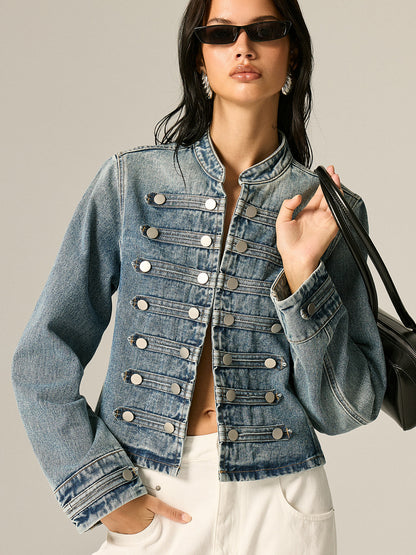 Napoleon Style Stand Collar Denim Jacket