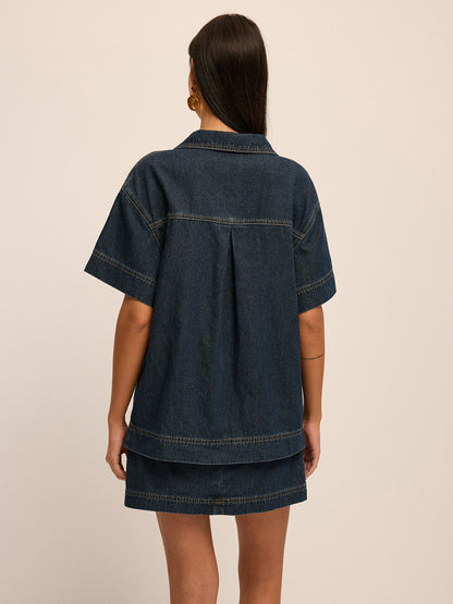 Short Sleeve Denim Blouse & Mini Skirt Set