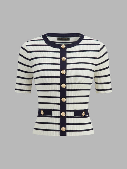 Striped Metal Button Short Sleeve Ribbed Knit Top