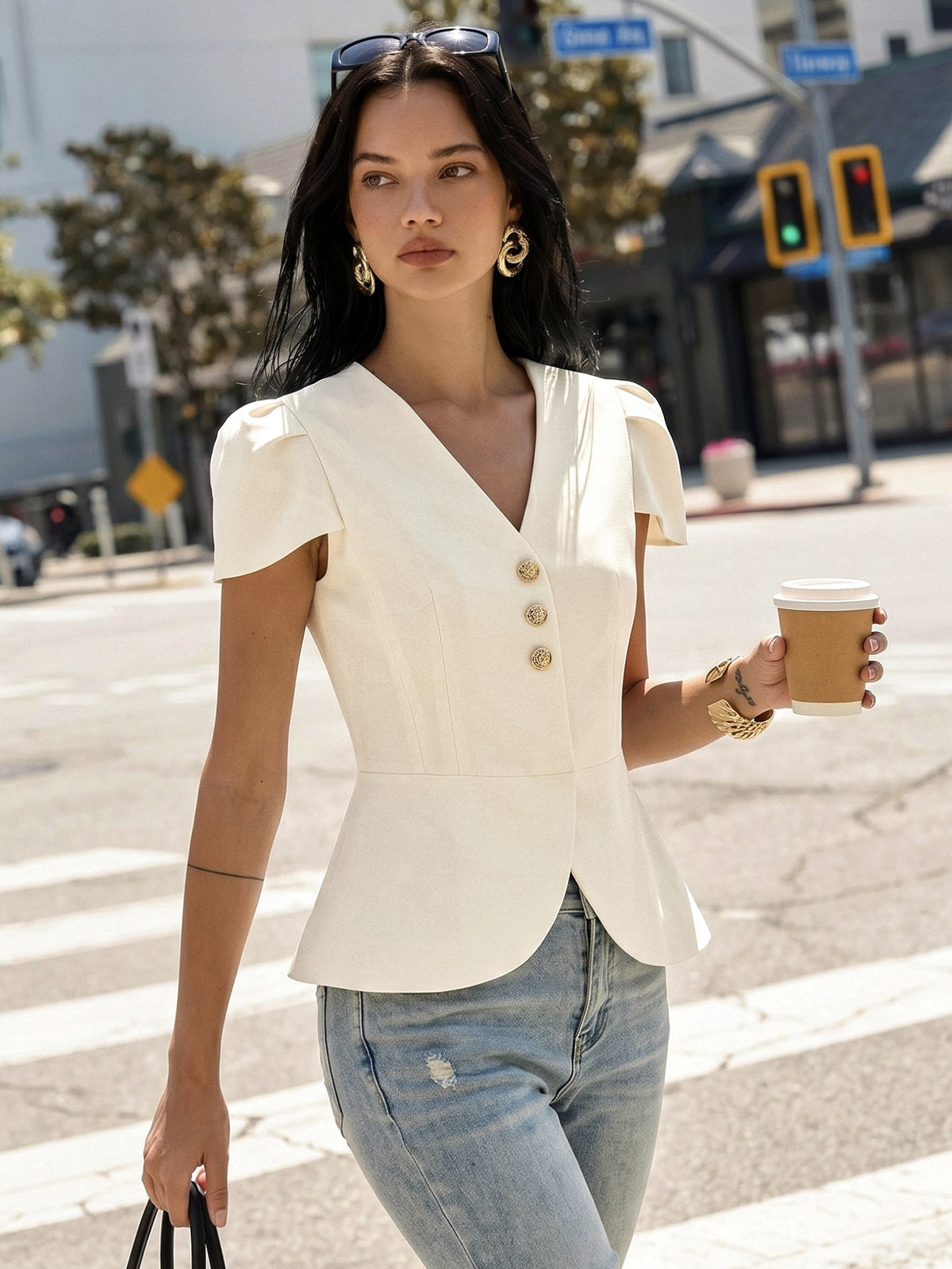 Puff Sleeve Peplum Metal Button Blouse