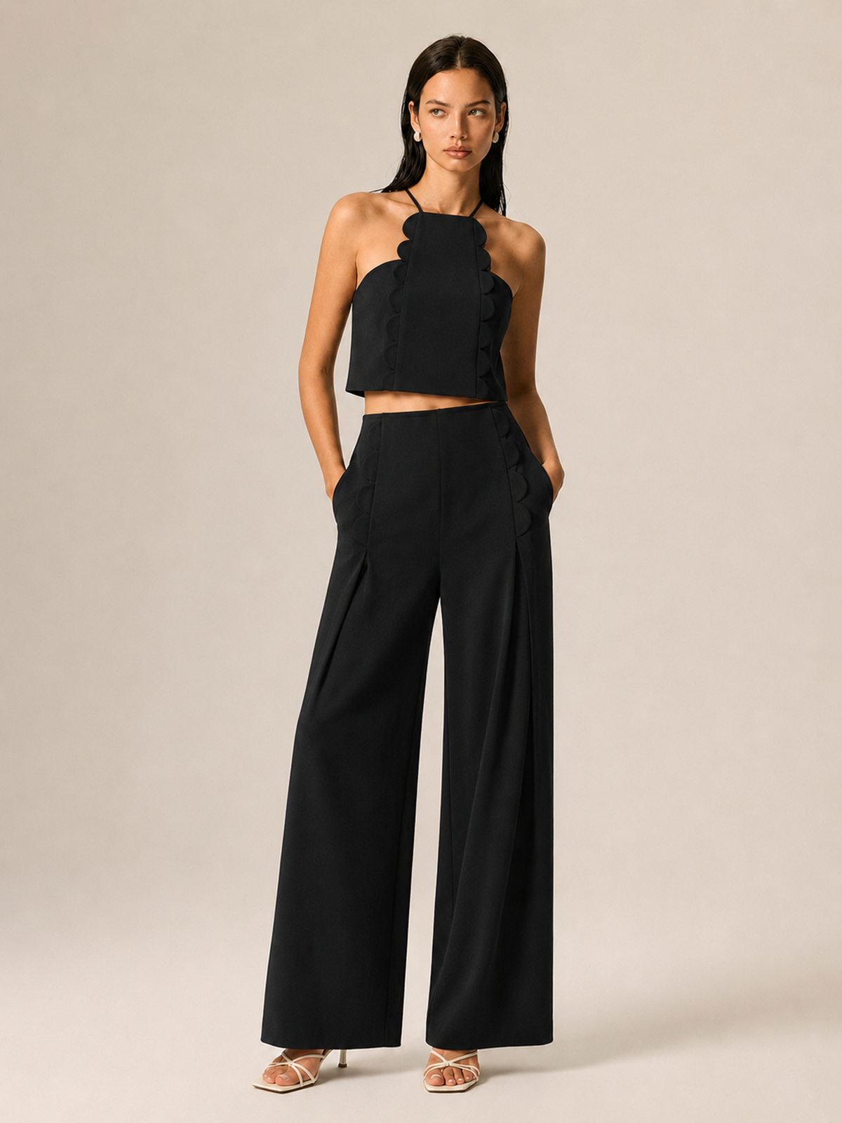 Scalloped Halter Crop Top & Pants Set