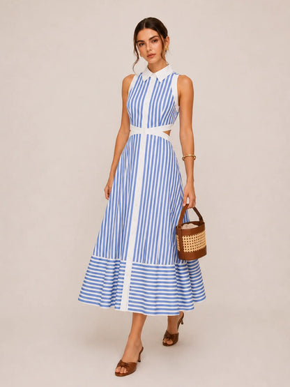 Striped Cut-Out Shirt Midi Dress