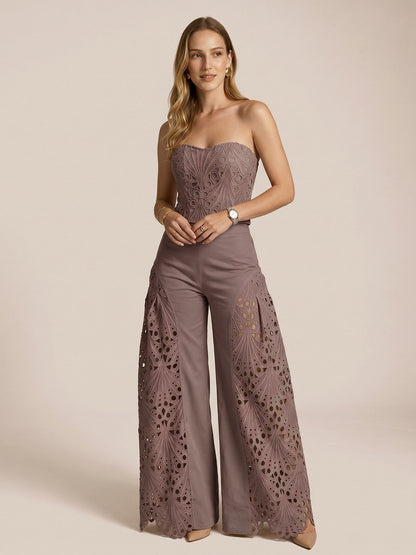Strapless Eyelet Top & Wide Leg Pants Set