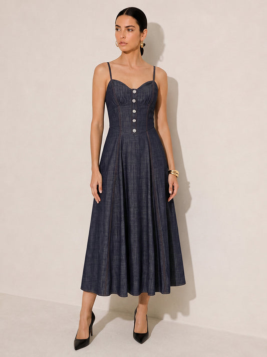 Rhinestone Decor Denim Slip Midi Dress