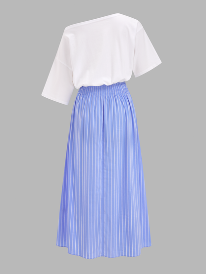 Color Block Off-Shoulder Striped Midi Dress