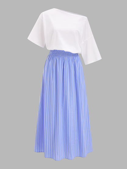 Color Block Off-Shoulder Striped Midi Dress